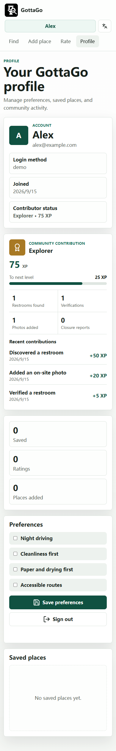 GottaGo contributor profile with XP and contribution history